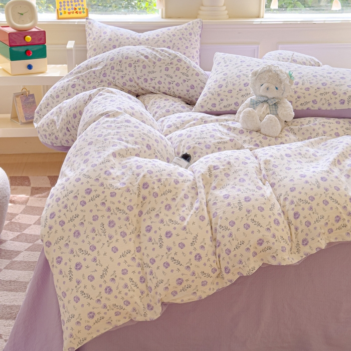 91家纺网 家纺一手货源 找家纺 蓝淋家纺 2025新款亲肤舒适皱皱棉印花四件套 惜花芷-紫