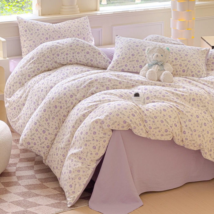 91家纺网 家纺一手货源 找家纺 蓝淋家纺 2025新款亲肤舒适皱皱棉印花四件套 惜花芷-紫