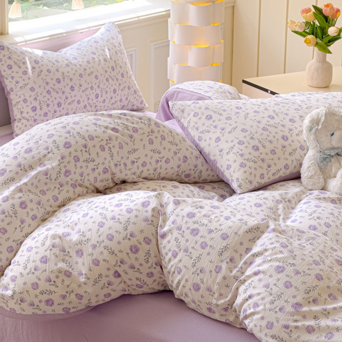 91家纺网 家纺一手货源 找家纺 蓝淋家纺 2025新款亲肤舒适皱皱棉印花四件套 惜花芷-紫