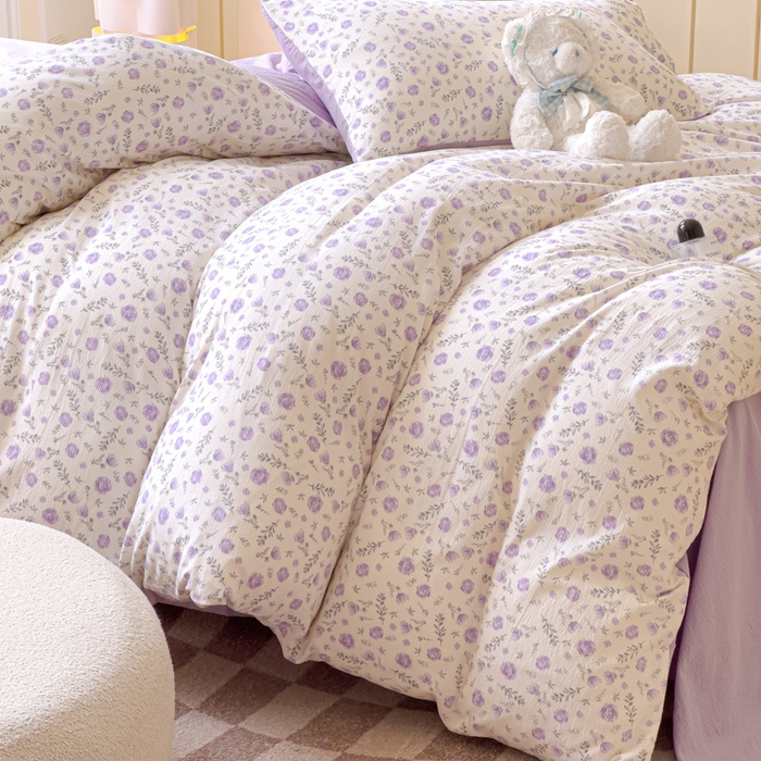 91家纺网 家纺一手货源 找家纺 蓝淋家纺 2025新款亲肤舒适皱皱棉印花四件套 惜花芷-紫