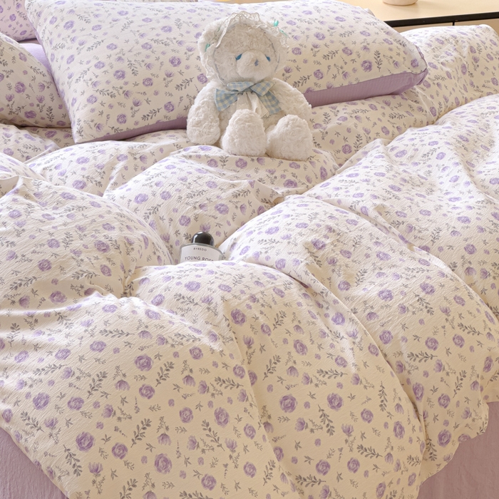 91家纺网 家纺一手货源 找家纺 蓝淋家纺 2025新款亲肤舒适皱皱棉印花四件套 惜花芷-紫