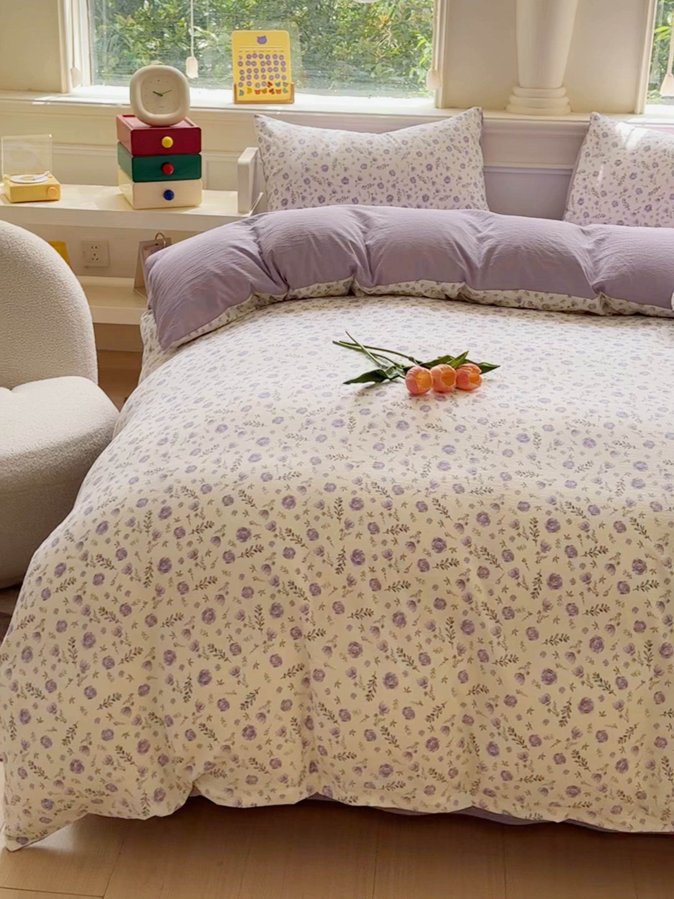 91家纺网 家纺一手货源 找家纺 蓝淋家纺 2025新款亲肤舒适皱皱棉印花四件套 惜花芷-紫