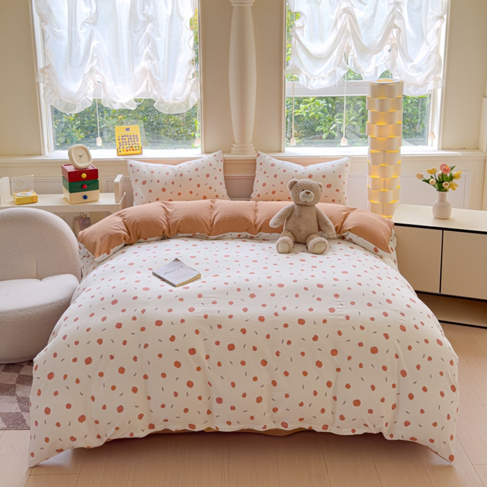 91家纺网 家纺一手货源 找家纺 蓝淋家纺 2025新款亲肤舒适皱皱棉印花四件套 夏日甜果