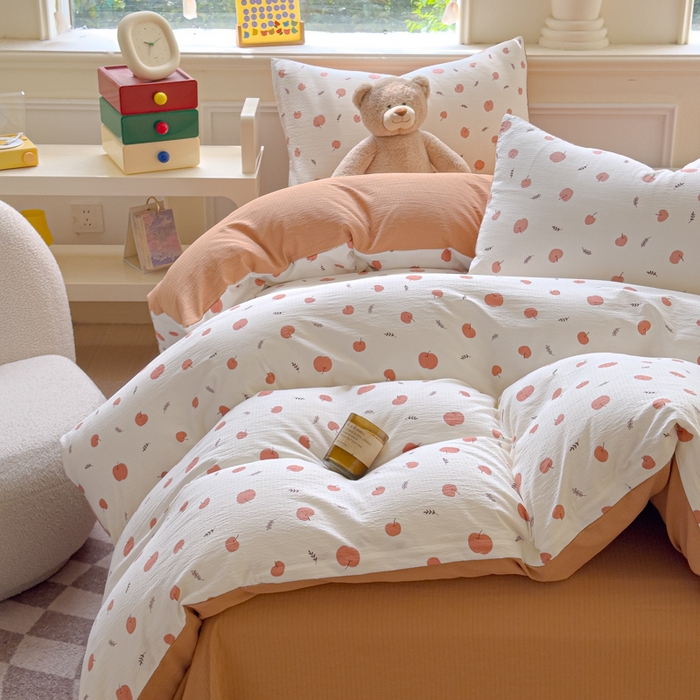 91家纺网 家纺一手货源 找家纺 蓝淋家纺 2025新款亲肤舒适皱皱棉印花四件套 夏日甜果