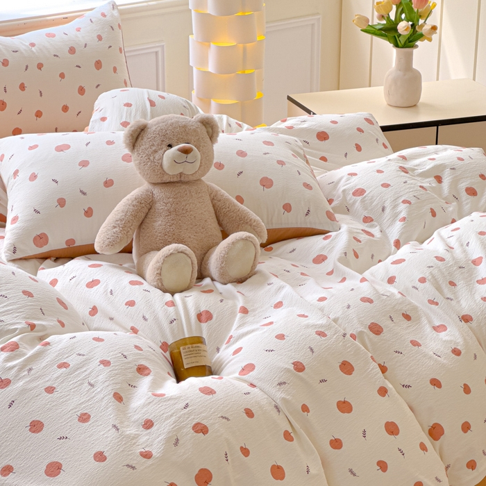 91家纺网 家纺一手货源 找家纺 蓝淋家纺 2025新款亲肤舒适皱皱棉印花四件套 夏日甜果