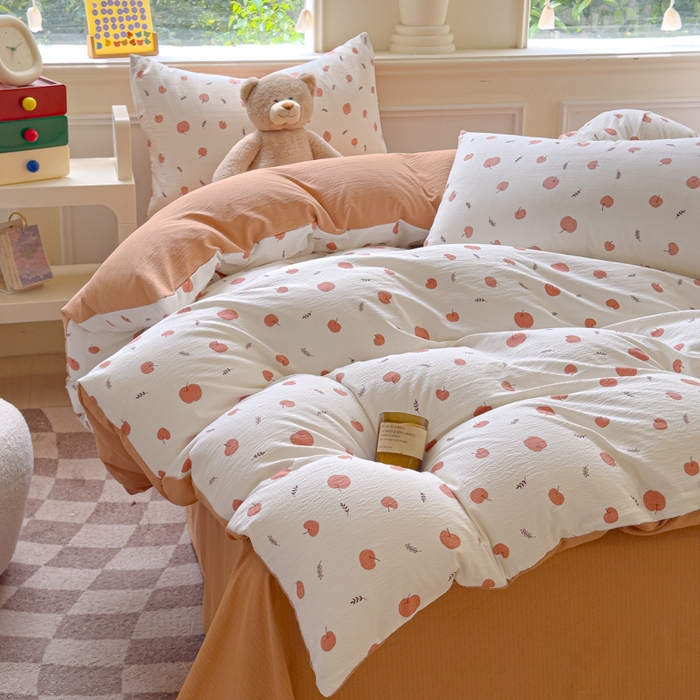 91家纺网 家纺一手货源 找家纺 蓝淋家纺 2025新款亲肤舒适皱皱棉印花四件套 夏日甜果