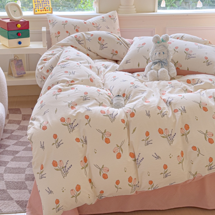 91家纺网 家纺一手货源 找家纺 蓝淋家纺 2025新款亲肤舒适皱皱棉印花四件套 寻花记