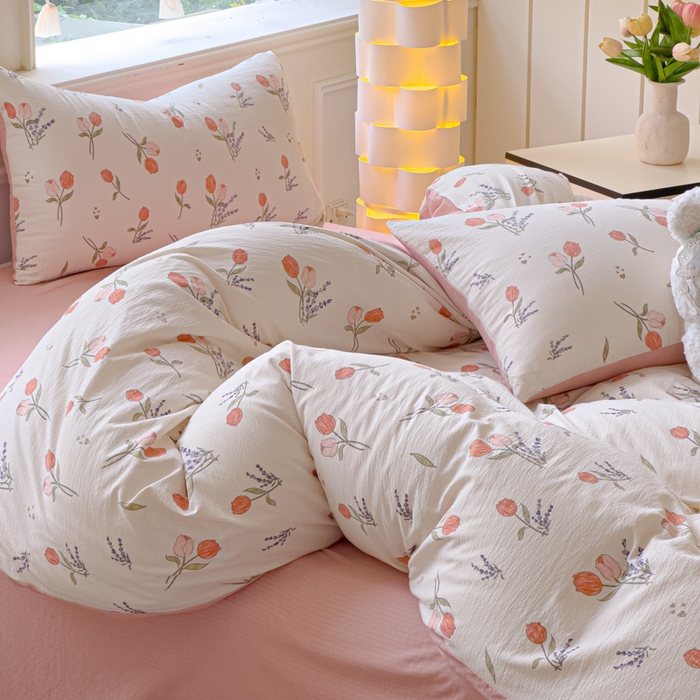 91家纺网 家纺一手货源 找家纺 蓝淋家纺 2025新款亲肤舒适皱皱棉印花四件套 寻花记