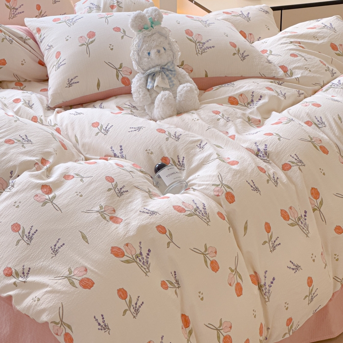 91家纺网 家纺一手货源 找家纺 蓝淋家纺 2025新款亲肤舒适皱皱棉印花四件套 寻花记