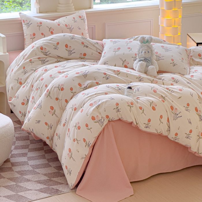 91家纺网 家纺一手货源 找家纺 蓝淋家纺 2025新款亲肤舒适皱皱棉印花四件套 寻花记