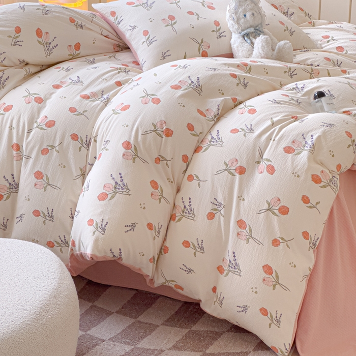 91家纺网 家纺一手货源 找家纺 蓝淋家纺 2025新款亲肤舒适皱皱棉印花四件套 寻花记