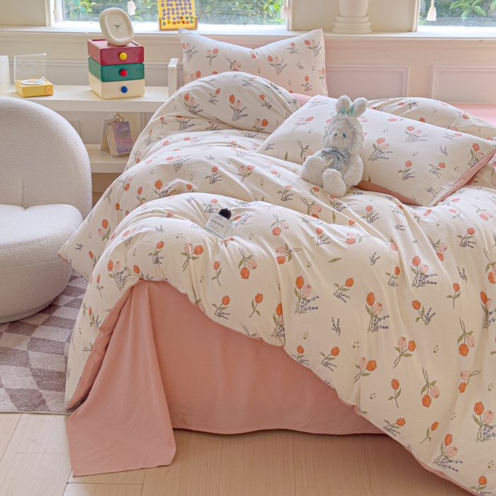 91家纺网 家纺一手货源 找家纺 蓝淋家纺 2025新款亲肤舒适皱皱棉印花四件套 寻花记