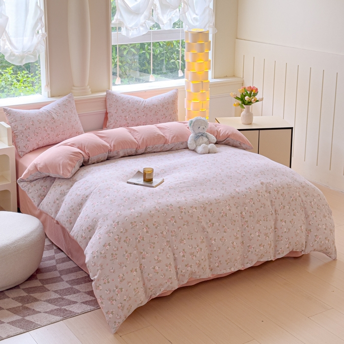 91家纺网 家纺一手货源 找家纺 蓝淋家纺 2025新款亲肤舒适皱皱棉印花四件套 茵曼-咖