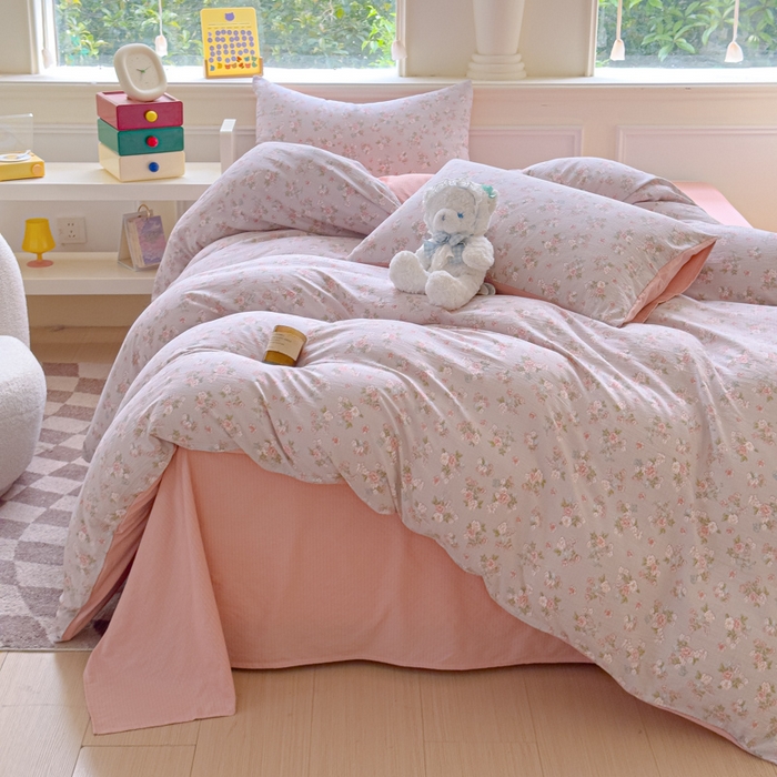 91家纺网 家纺一手货源 找家纺 蓝淋家纺 2025新款亲肤舒适皱皱棉印花四件套 茵曼-咖