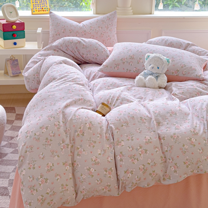 91家纺网 家纺一手货源 找家纺 蓝淋家纺 2025新款亲肤舒适皱皱棉印花四件套 茵曼-咖