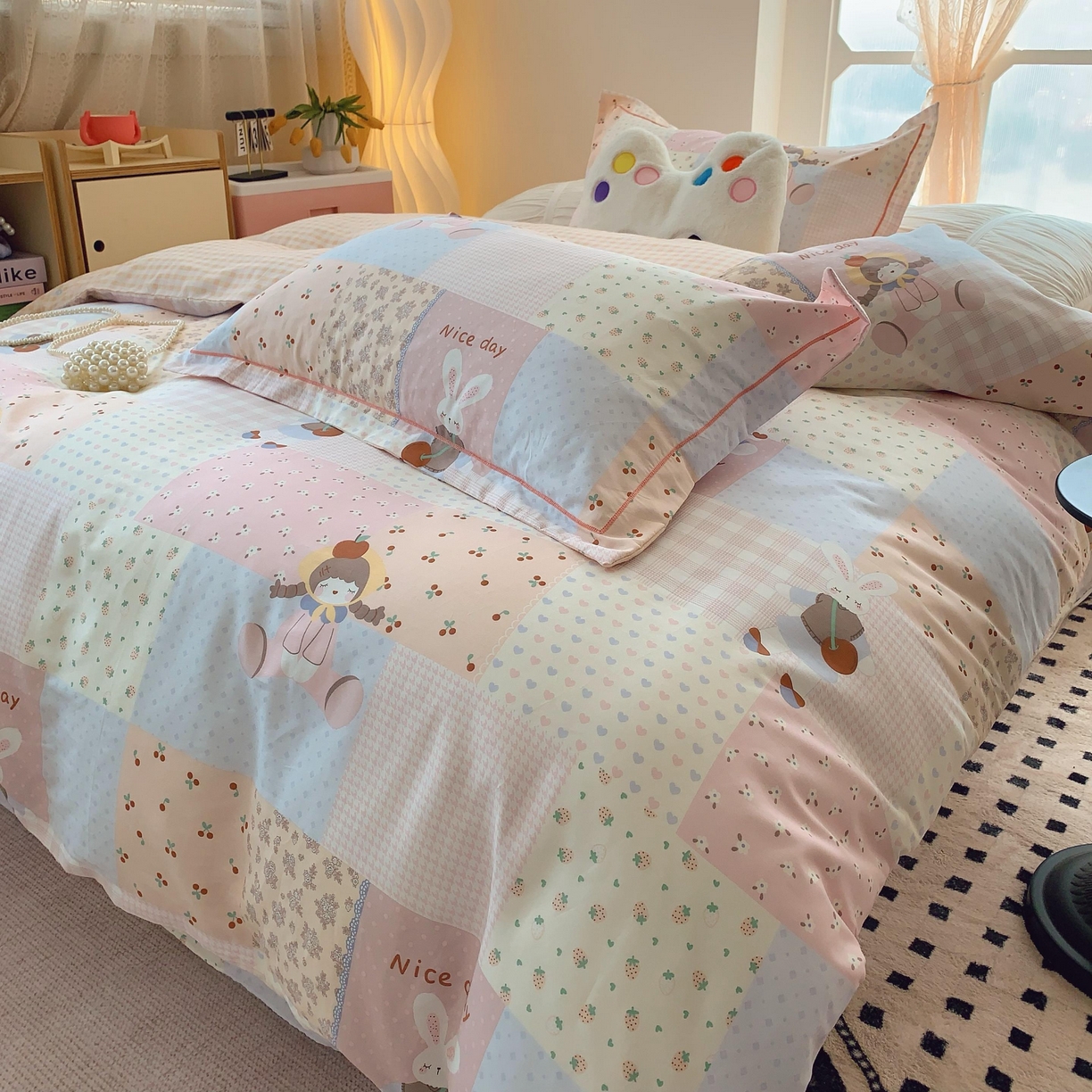 91家纺网 家纺一手货源 找家纺 莱豫家纺 2025新款亲肤舒适小清新印花纯棉四件套 小兔公主