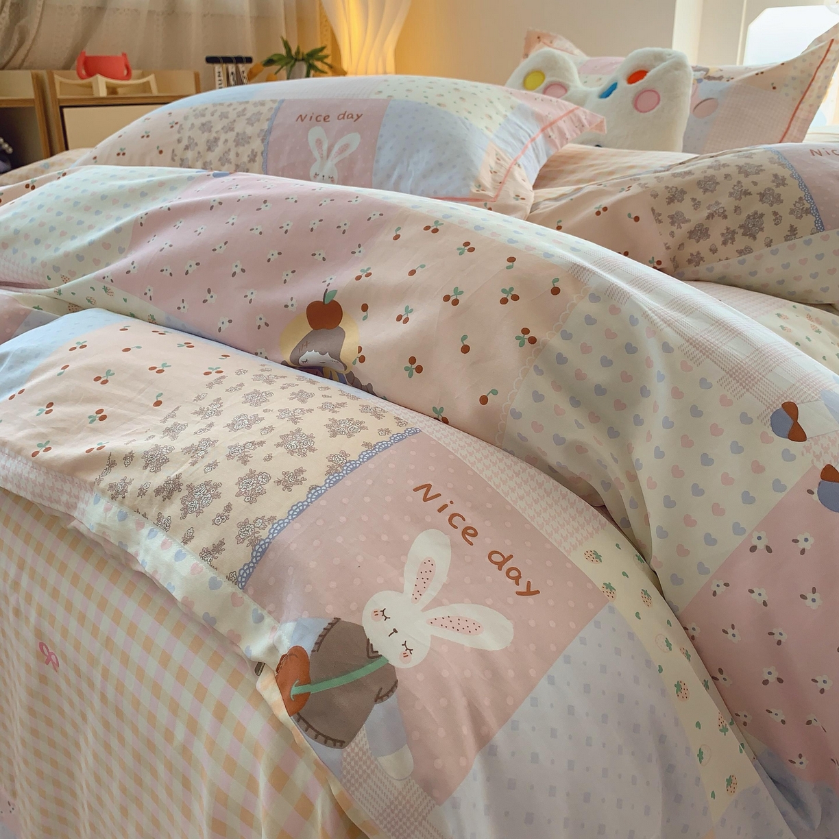 91家纺网 家纺一手货源 找家纺 莱豫家纺 2025新款亲肤舒适小清新印花纯棉四件套 小兔公主