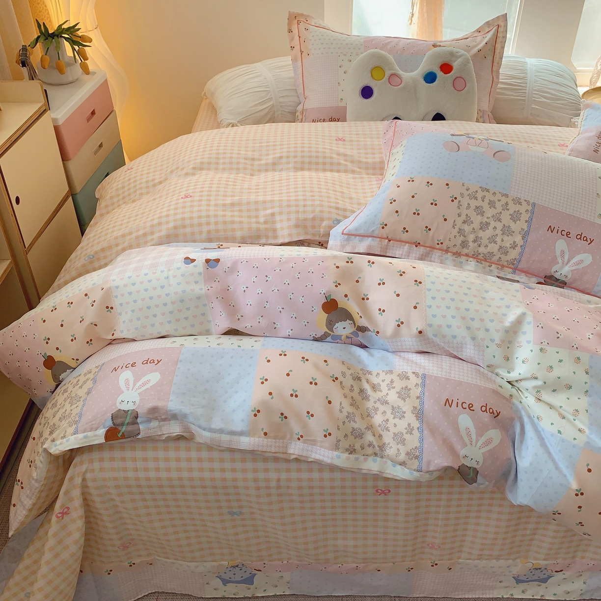 91家纺网 家纺一手货源 找家纺 莱豫家纺 2025新款亲肤舒适小清新印花纯棉四件套 小兔公主