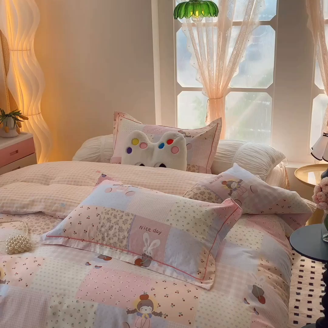 91家纺网 家纺一手货源 找家纺 莱豫家纺 2025新款亲肤舒适小清新印花纯棉四件套 小兔公主