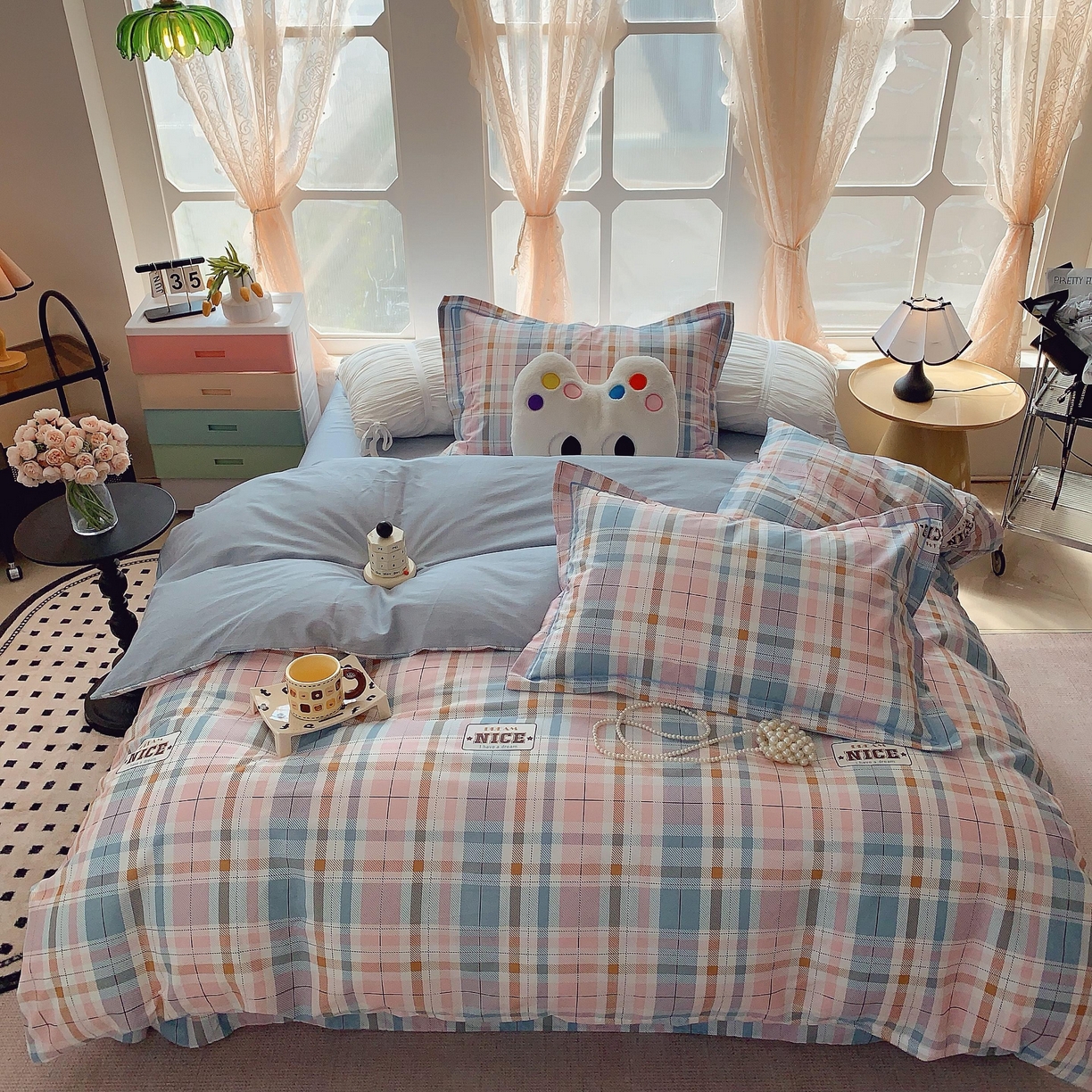 莱豫家纺 2025新款亲肤舒适小清新印花纯棉四件套 休闲格