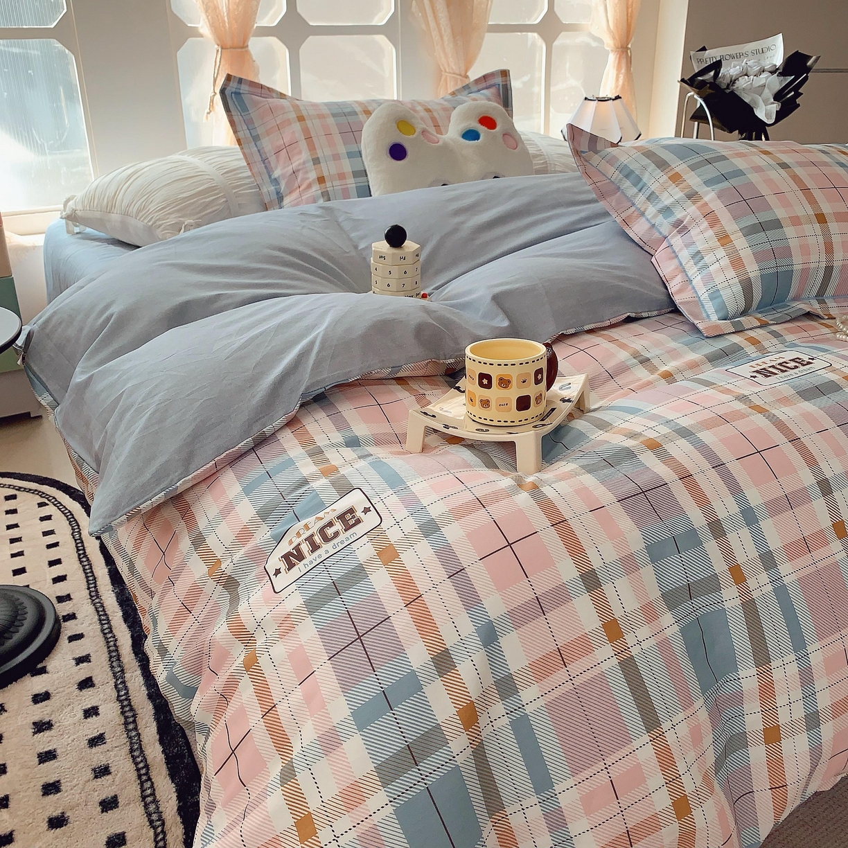 91家纺网 家纺一手货源 找家纺 莱豫家纺 2025新款亲肤舒适小清新印花纯棉四件套 休闲格