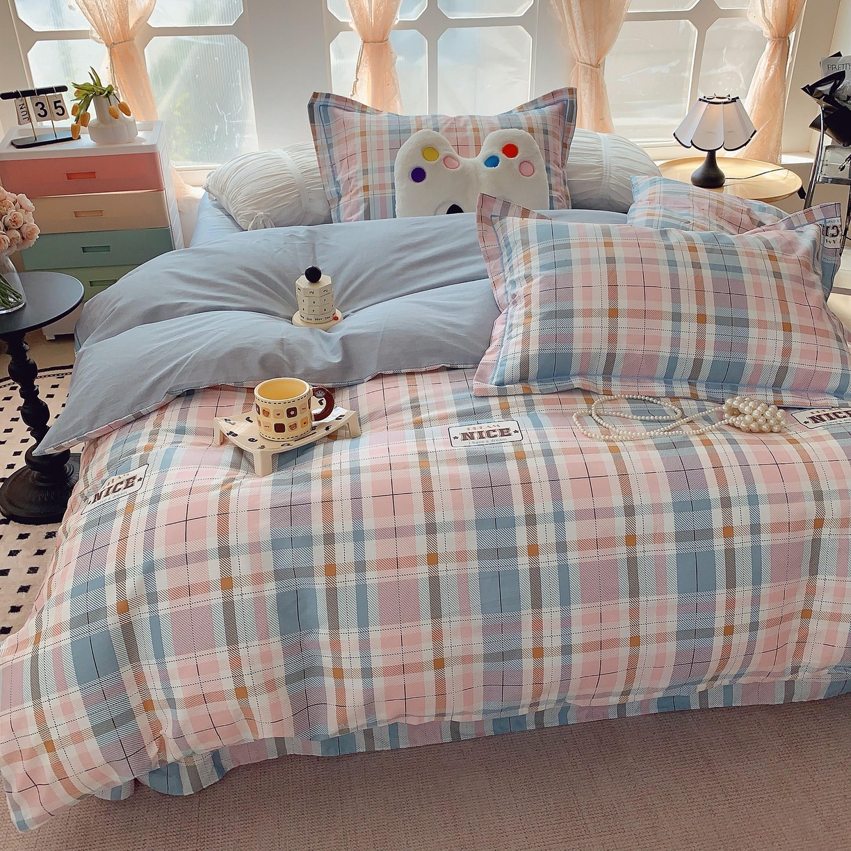 91家纺网 家纺一手货源 找家纺 莱豫家纺 2025新款亲肤舒适小清新印花纯棉四件套 休闲格