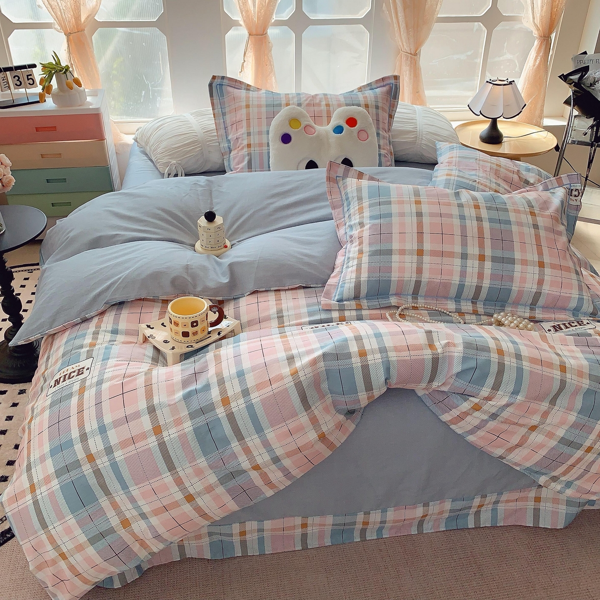 91家纺网 家纺一手货源 找家纺 莱豫家纺 2025新款亲肤舒适小清新印花纯棉四件套 休闲格