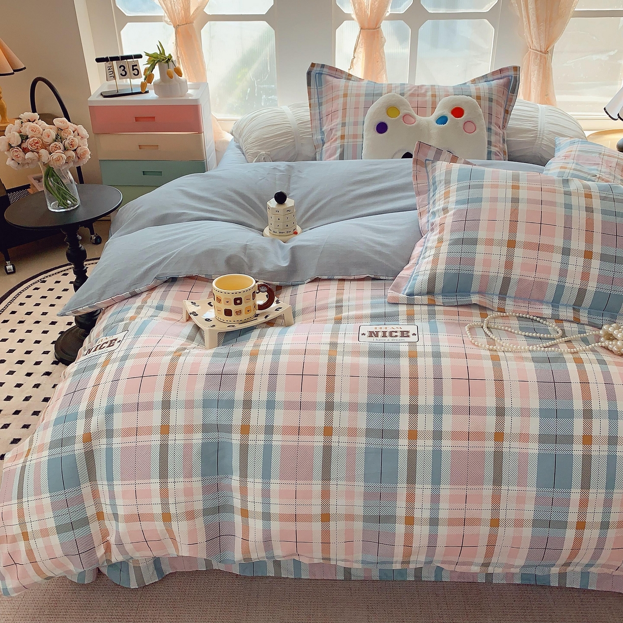 91家纺网 家纺一手货源 找家纺 莱豫家纺 2025新款亲肤舒适小清新印花纯棉四件套 休闲格