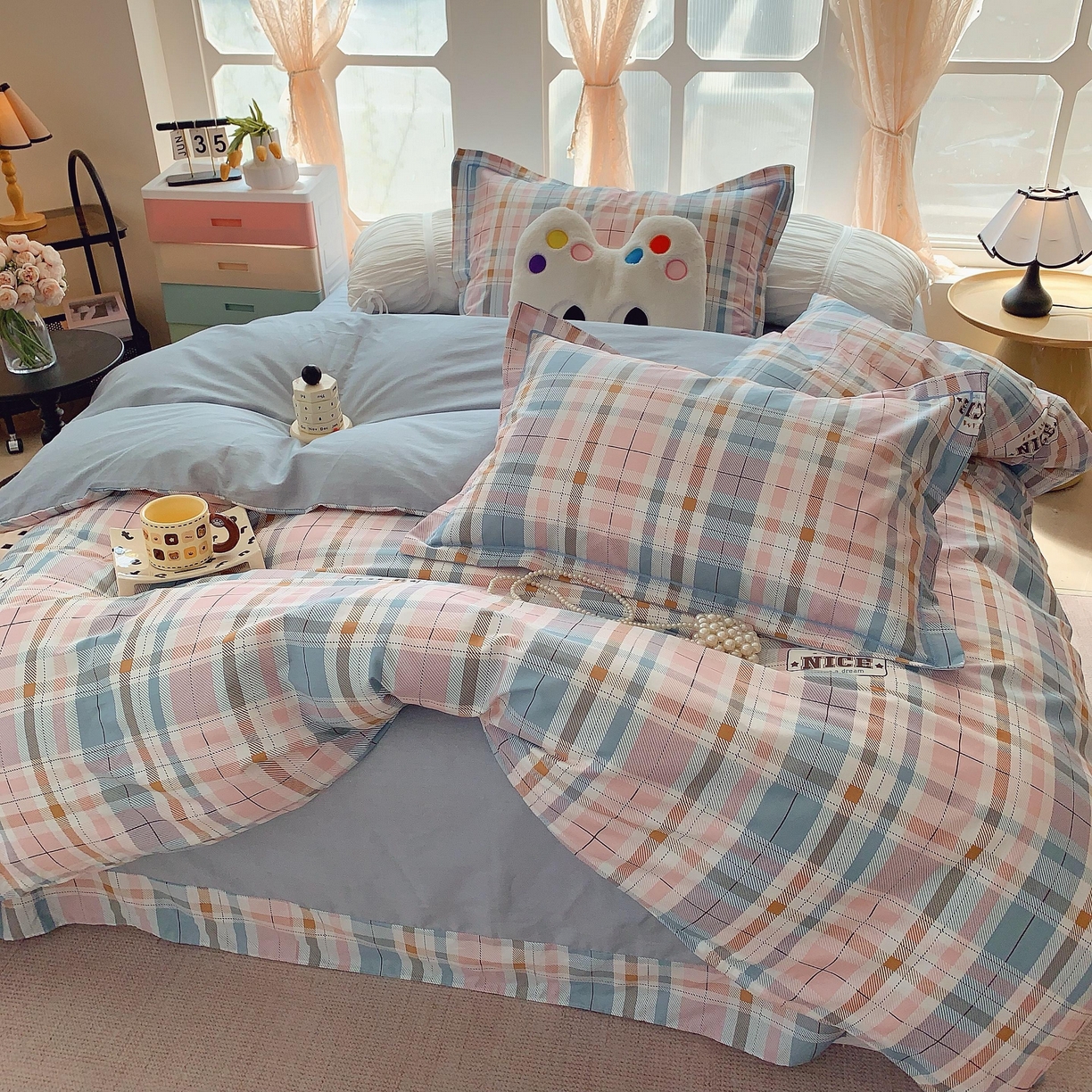 91家纺网 家纺一手货源 找家纺 莱豫家纺 2025新款亲肤舒适小清新印花纯棉四件套 休闲格