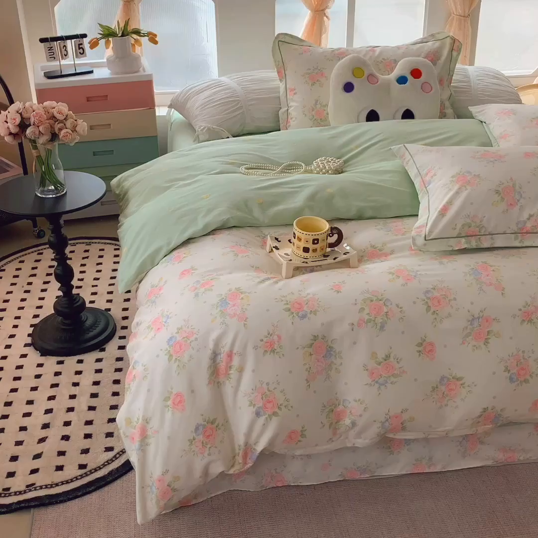 91家纺网 家纺一手货源 找家纺 莱豫家纺 2025新款亲肤舒适小清新印花纯棉四件套 知夏