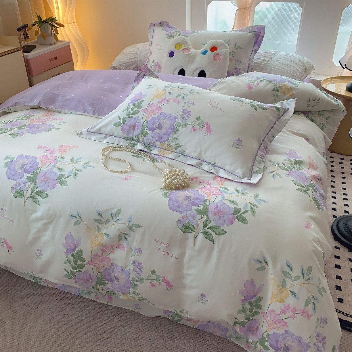 91家纺网 家纺一手货源 找家纺 莱豫家纺 2025新款亲肤舒适小清新印花纯棉四件套 紫薇