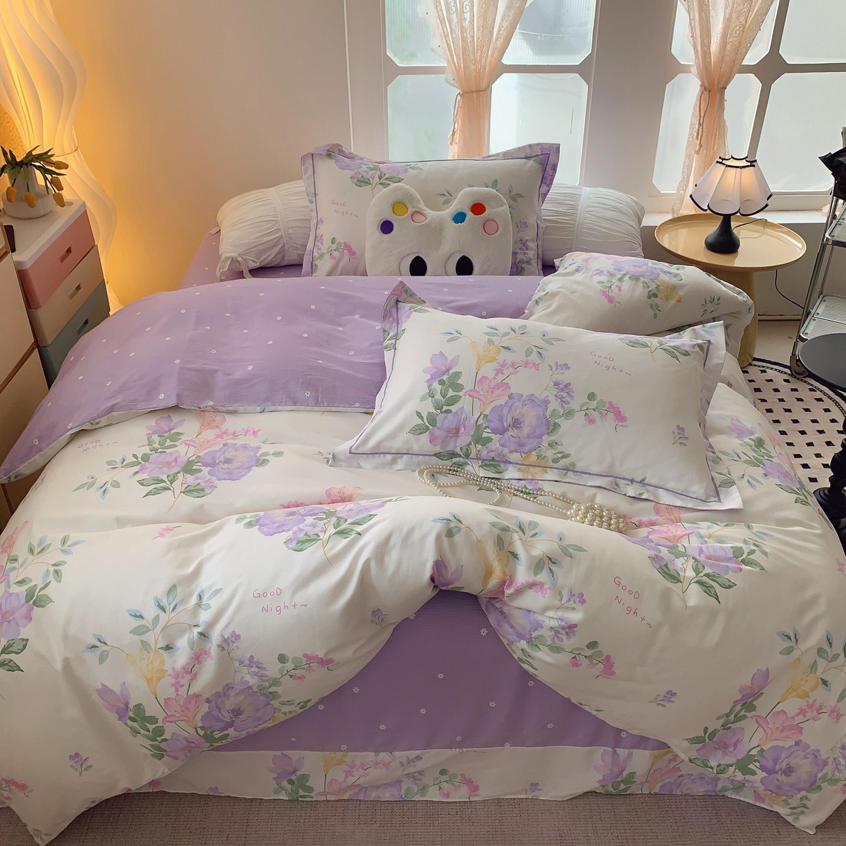 91家纺网 家纺一手货源 找家纺 莱豫家纺 2025新款亲肤舒适小清新印花纯棉四件套 紫薇