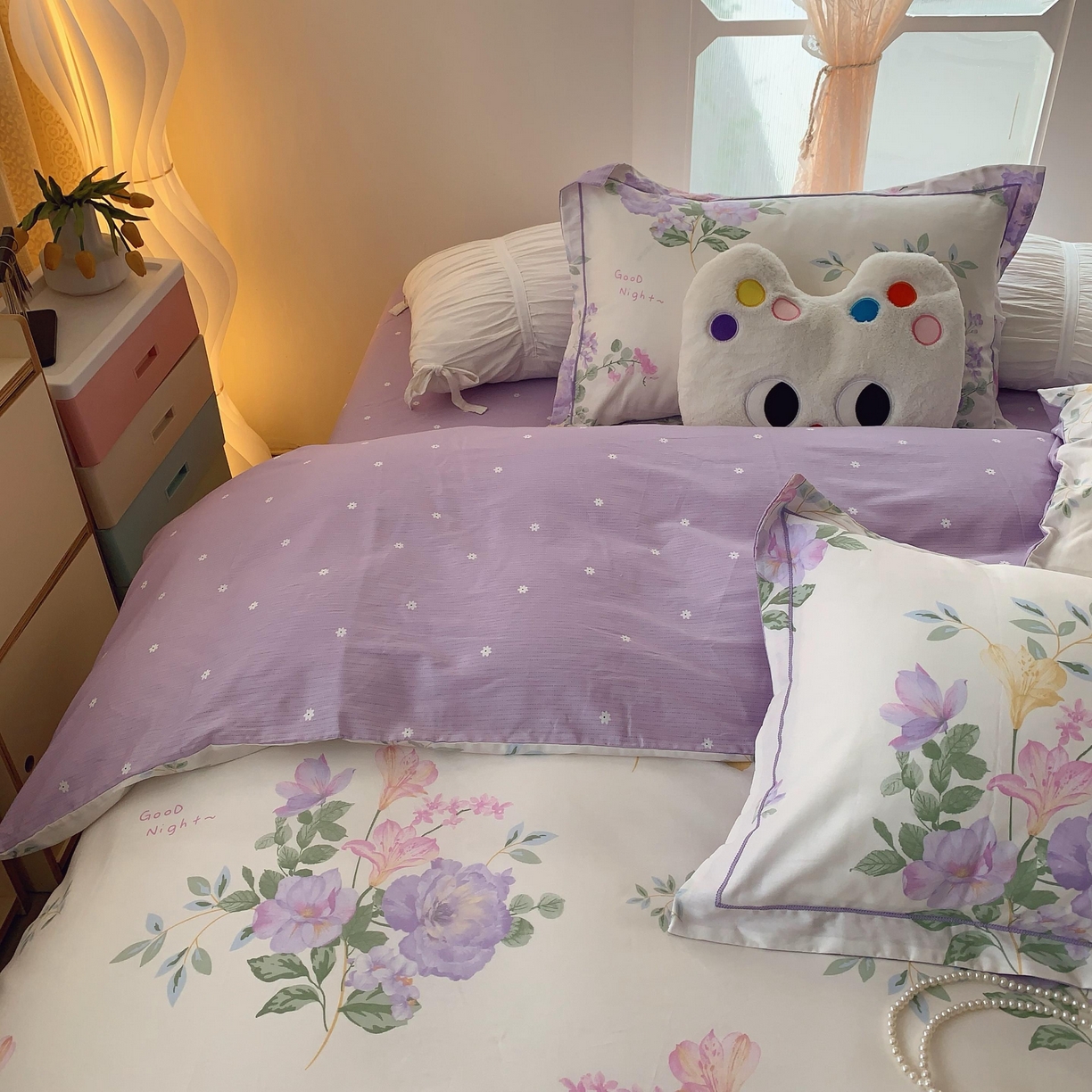 91家纺网 家纺一手货源 找家纺 莱豫家纺 2025新款亲肤舒适小清新印花纯棉四件套 紫薇