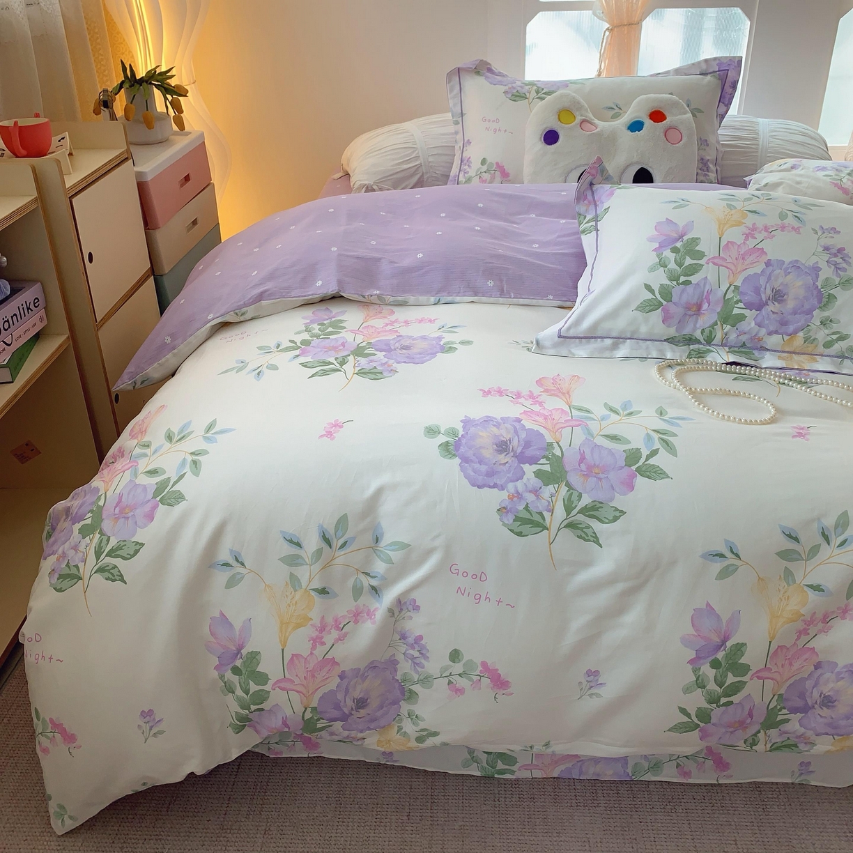 91家纺网 家纺一手货源 找家纺 莱豫家纺 2025新款亲肤舒适小清新印花纯棉四件套 紫薇