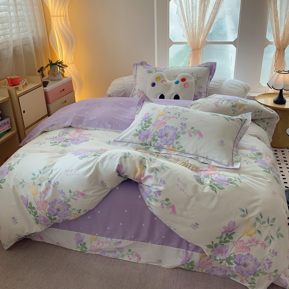 91家纺网 家纺一手货源 找家纺 莱豫家纺 2025新款亲肤舒适小清新印花纯棉四件套 紫薇