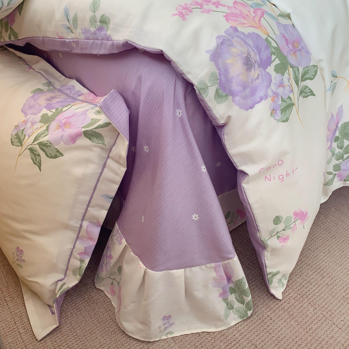 91家纺网 家纺一手货源 找家纺 莱豫家纺 2025新款亲肤舒适小清新印花纯棉四件套 紫薇