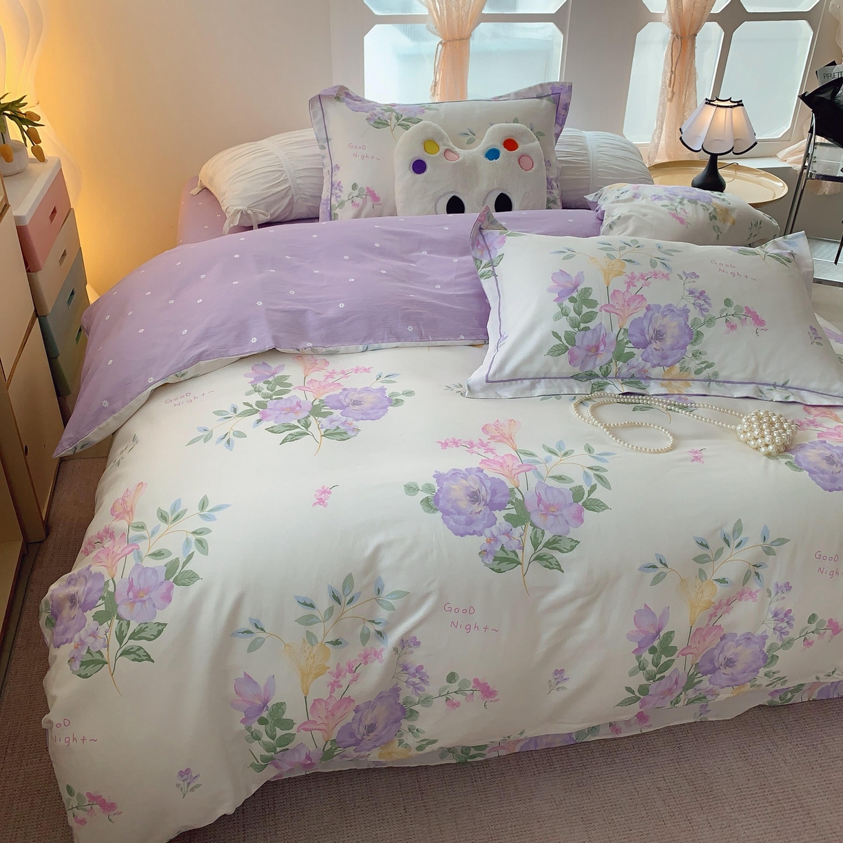 91家纺网 家纺一手货源 找家纺 莱豫家纺 2025新款亲肤舒适小清新印花纯棉四件套 紫薇