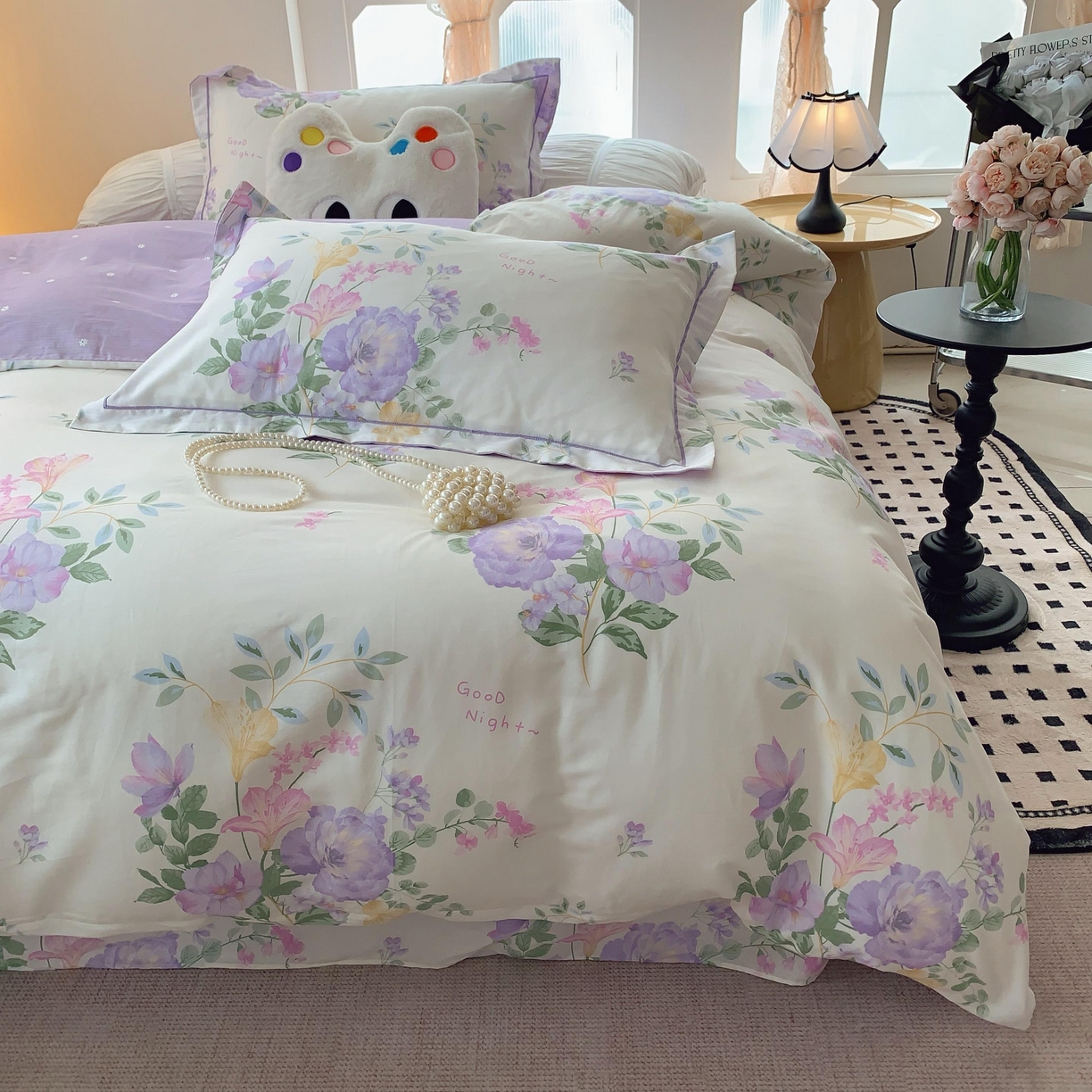 91家纺网 家纺一手货源 找家纺 莱豫家纺 2025新款亲肤舒适小清新印花纯棉四件套 紫薇