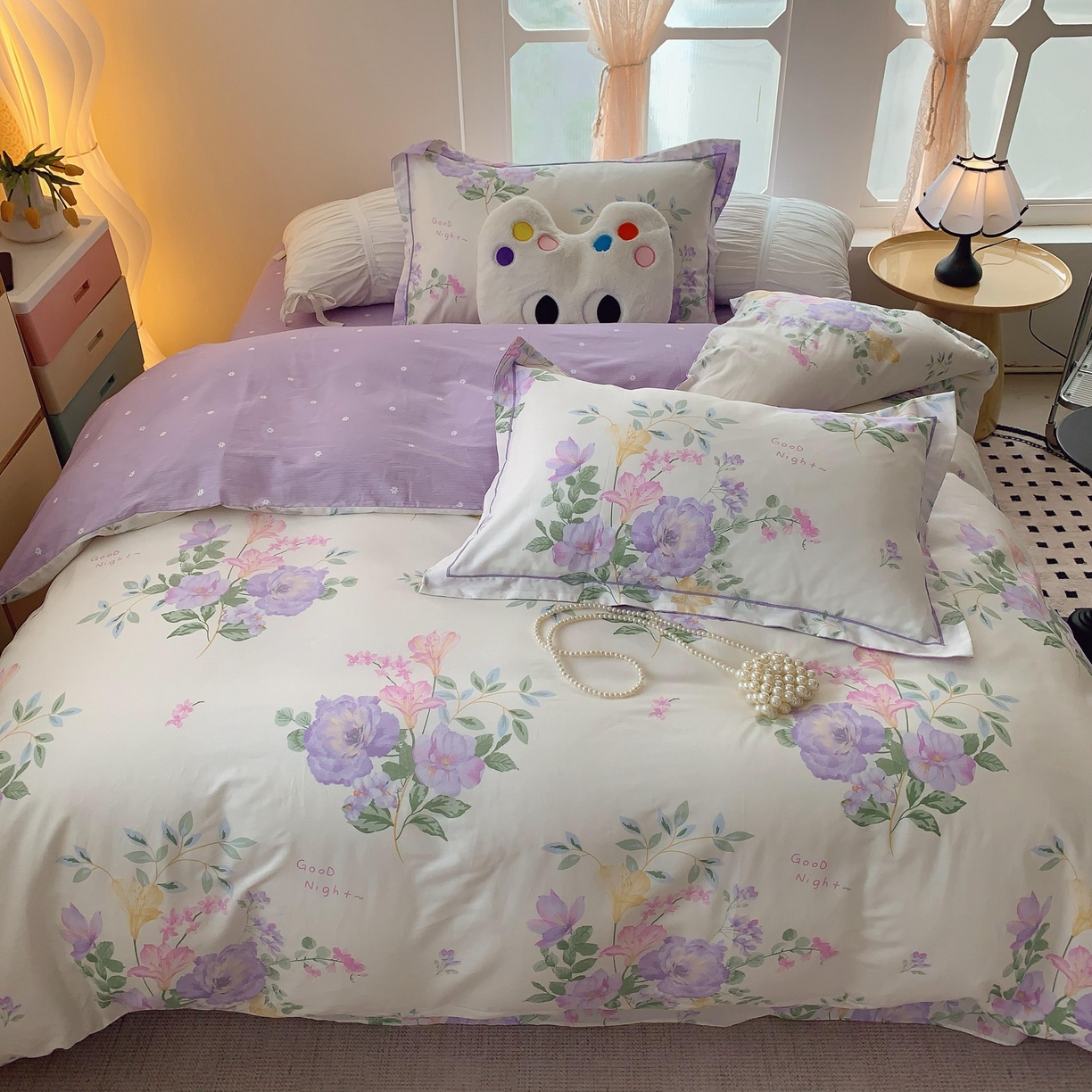 91家纺网 家纺一手货源 找家纺 莱豫家纺 2025新款亲肤舒适小清新印花纯棉四件套 紫薇