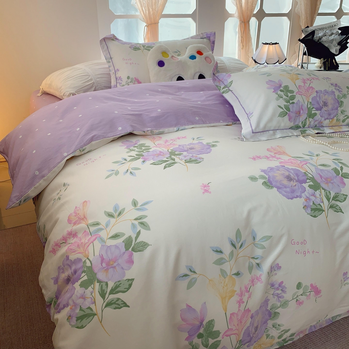 91家纺网 家纺一手货源 找家纺 莱豫家纺 2025新款亲肤舒适小清新印花纯棉四件套 紫薇