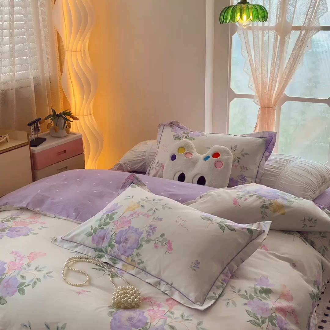91家纺网 家纺一手货源 找家纺 莱豫家纺 2025新款亲肤舒适小清新印花纯棉四件套 紫薇