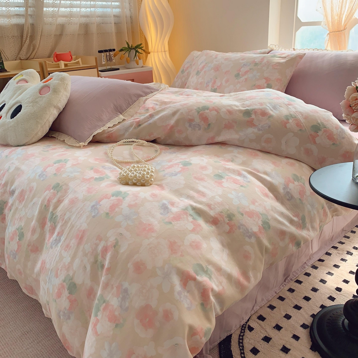 91家纺网 家纺一手货源 找家纺 莱豫家纺 2025新款亲肤舒适双层纱四件套 潮汐花影