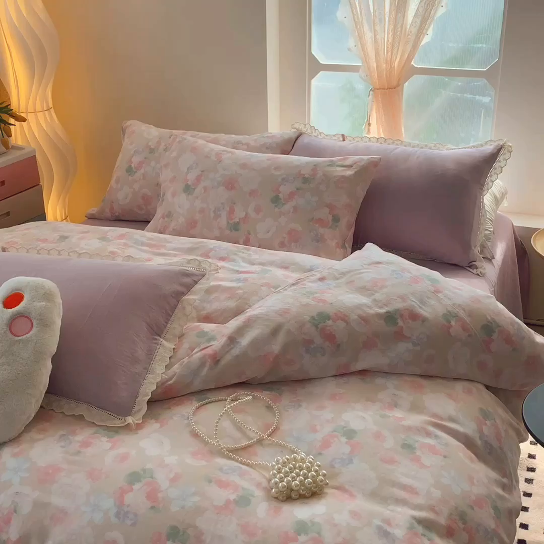 91家纺网 家纺一手货源 找家纺 莱豫家纺 2025新款亲肤舒适双层纱四件套 潮汐花影