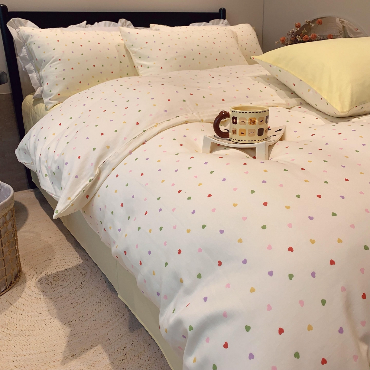 91家纺网 家纺一手货源 找家纺 莱豫家纺 2025新款亲肤舒适双层纱四件套 点点爱心