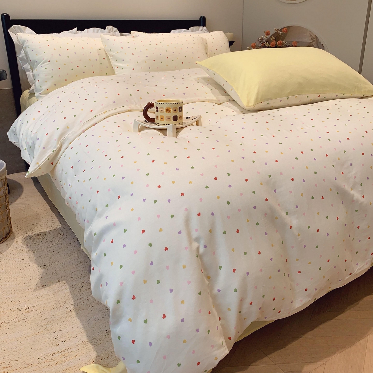 91家纺网 家纺一手货源 找家纺 莱豫家纺 2025新款亲肤舒适双层纱四件套 点点爱心