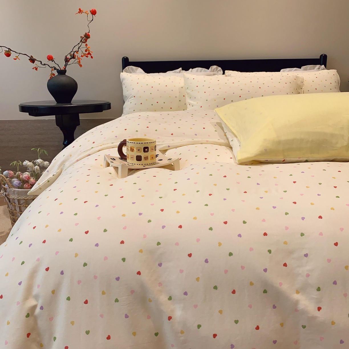 91家纺网 家纺一手货源 找家纺 莱豫家纺 2025新款亲肤舒适双层纱四件套 点点爱心