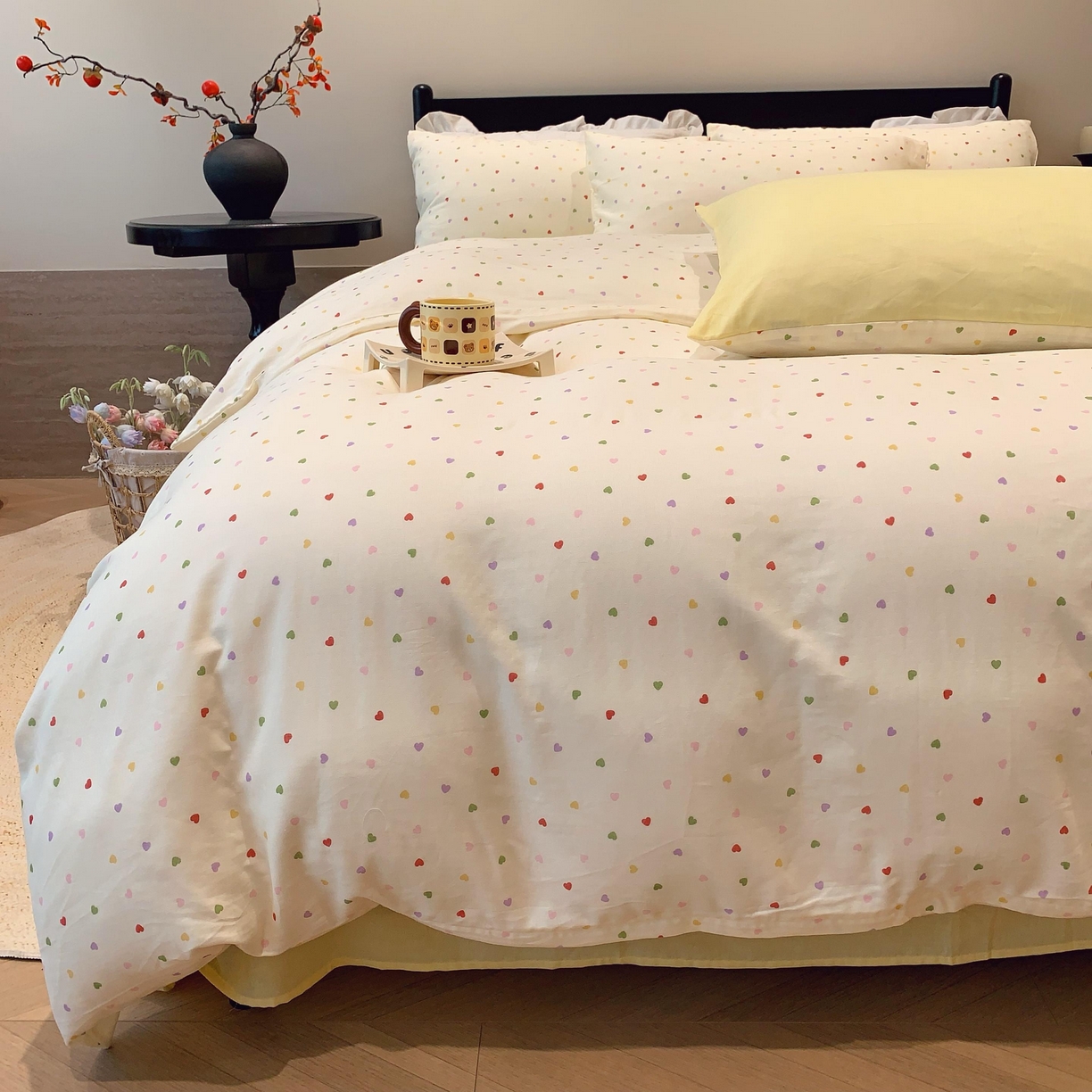 91家纺网 家纺一手货源 找家纺 莱豫家纺 2025新款亲肤舒适双层纱四件套 点点爱心