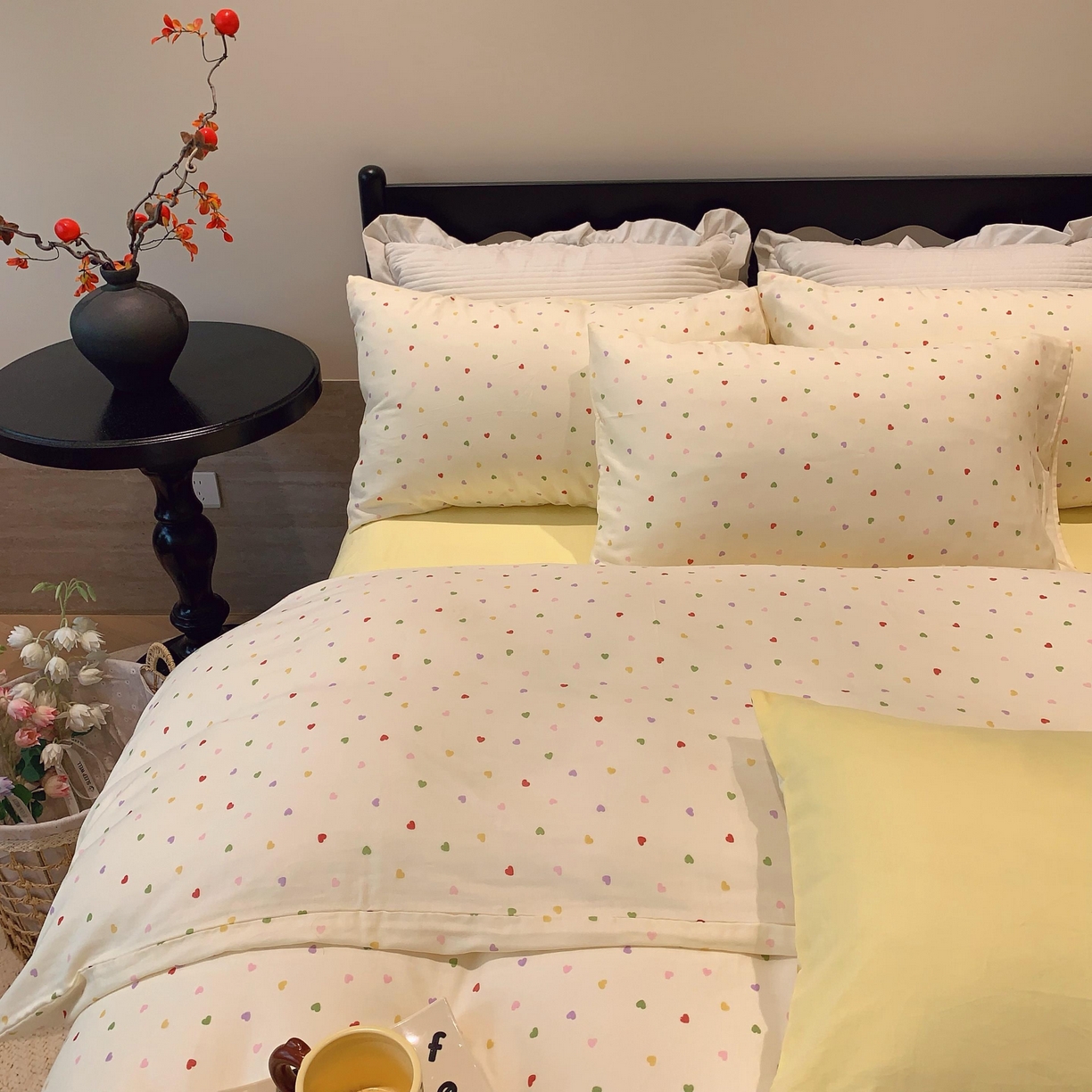 91家纺网 家纺一手货源 找家纺 莱豫家纺 2025新款亲肤舒适双层纱四件套 点点爱心