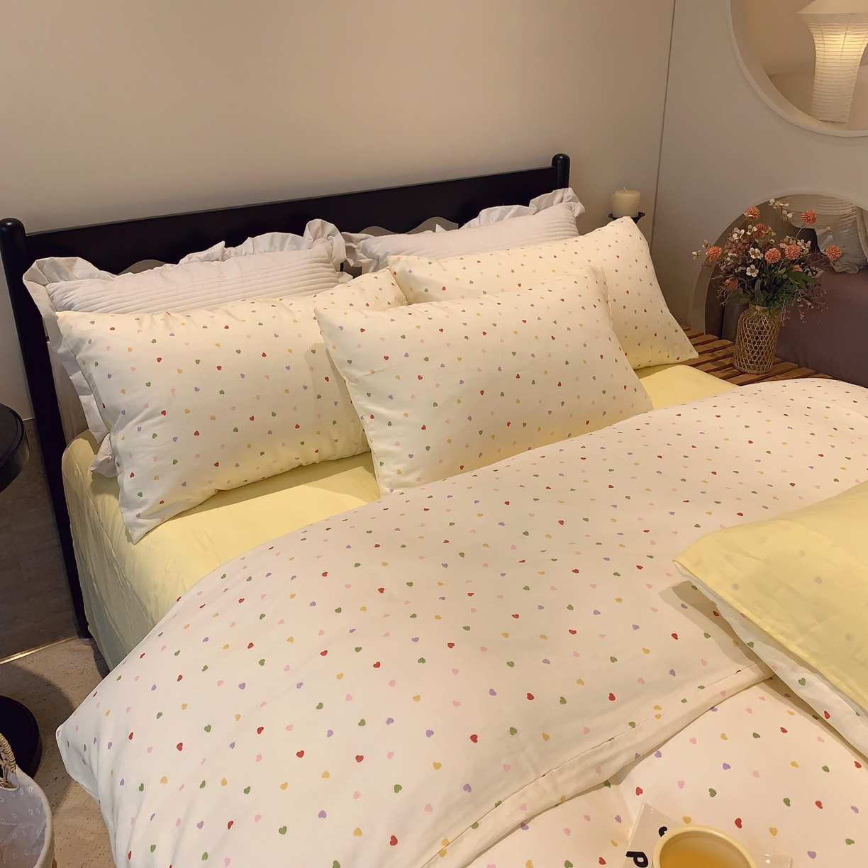 91家纺网 家纺一手货源 找家纺 莱豫家纺 2025新款亲肤舒适双层纱四件套 点点爱心