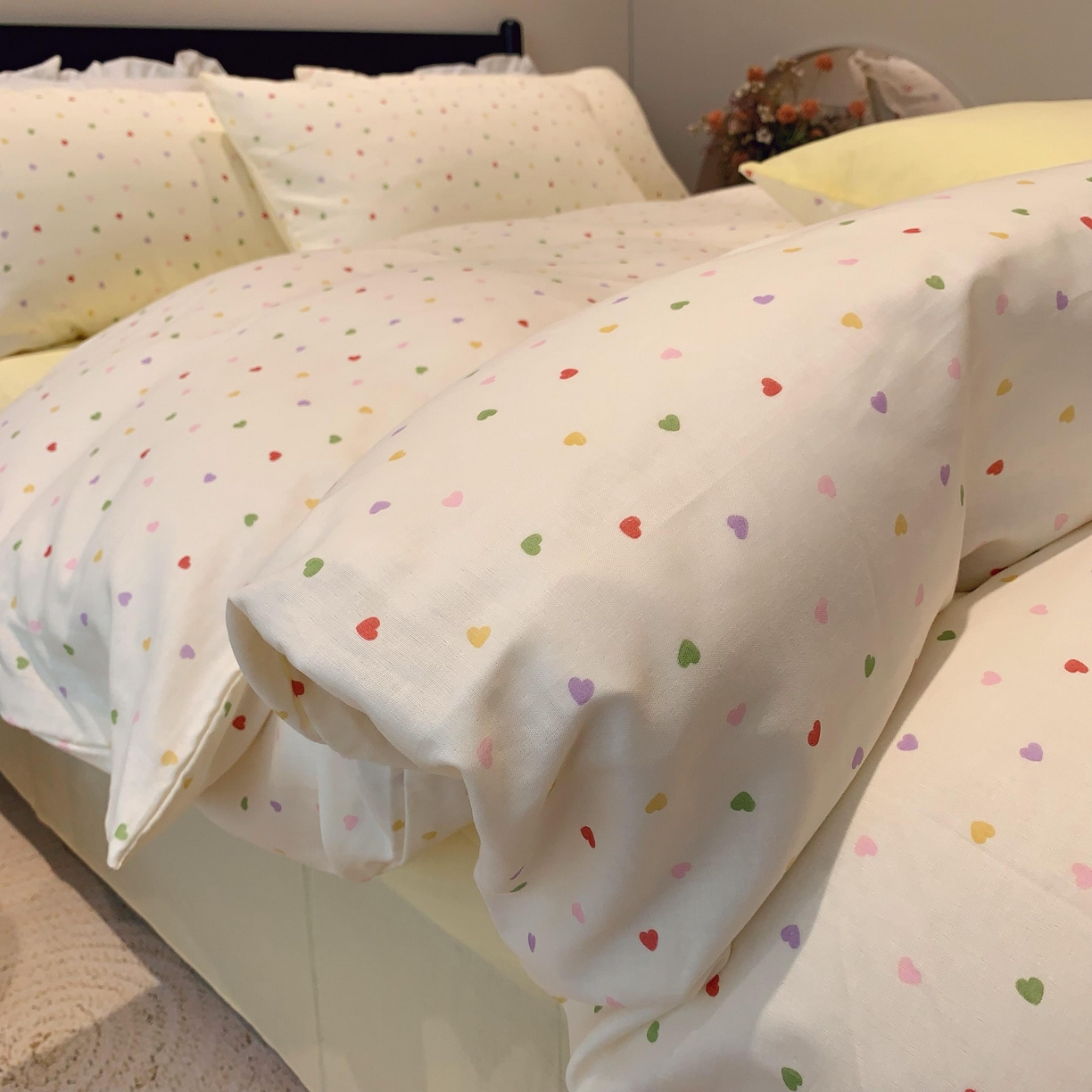 91家纺网 家纺一手货源 找家纺 莱豫家纺 2025新款亲肤舒适双层纱四件套 点点爱心